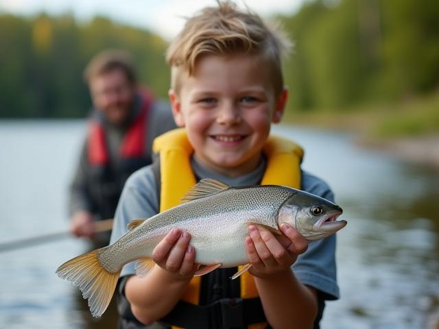 Liten pojke håller upp en harr med ett leende