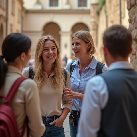 En engagerad guide som pekar och ler medan hon berättar för en liten grupp resenärer i en spännande miljö.